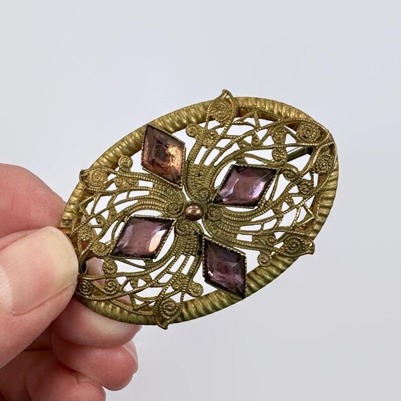 Victorian Brooch, Edwardian, Purple, Filagree, Rhinestones, 2" Long, Vintage - Picture 3 of 4